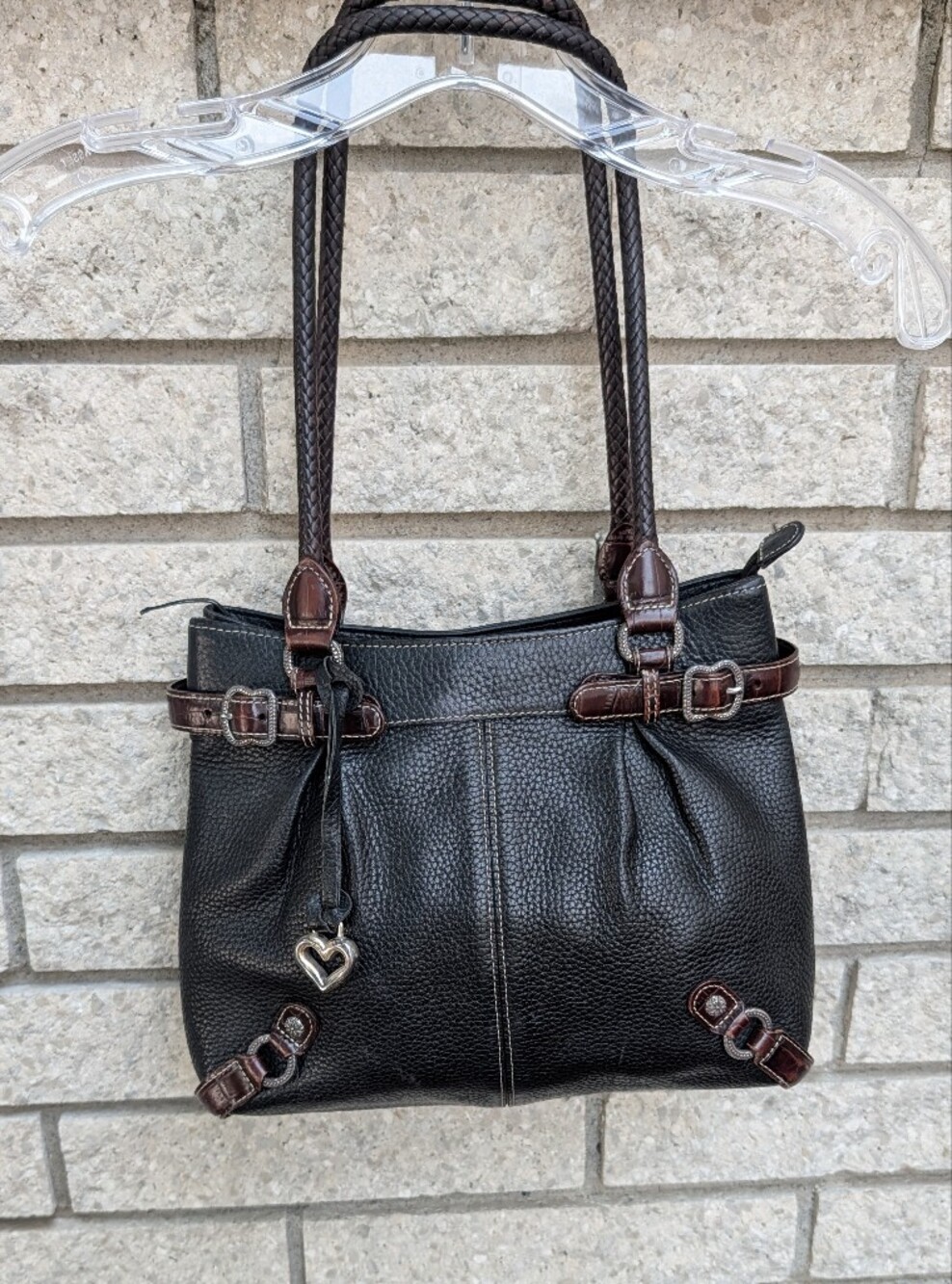 Vintage Brighton Black & Brown Leather Handbag Purse READ Braided Charm D253318